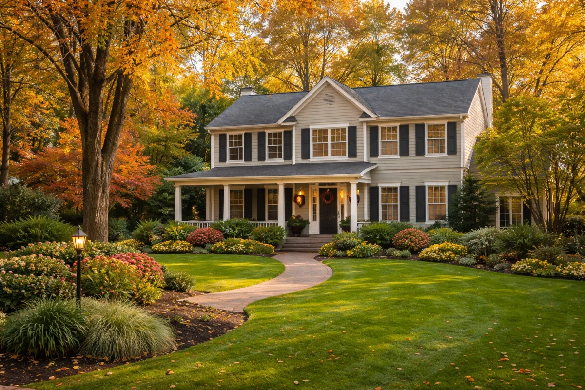 exterior photo of a well-maintained colonial-style home in Fardale, Mahwah NJ, surrounded by mature trees, landscaped yard, and a quiet residential setting.