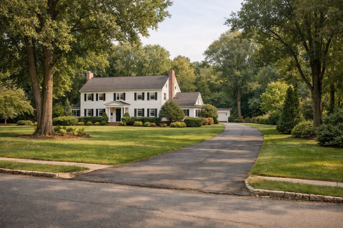 Single-family home on a tree-lined street in Fardale Mahwah NJ, showcasing privacy and a peaceful suburban lifestyle.