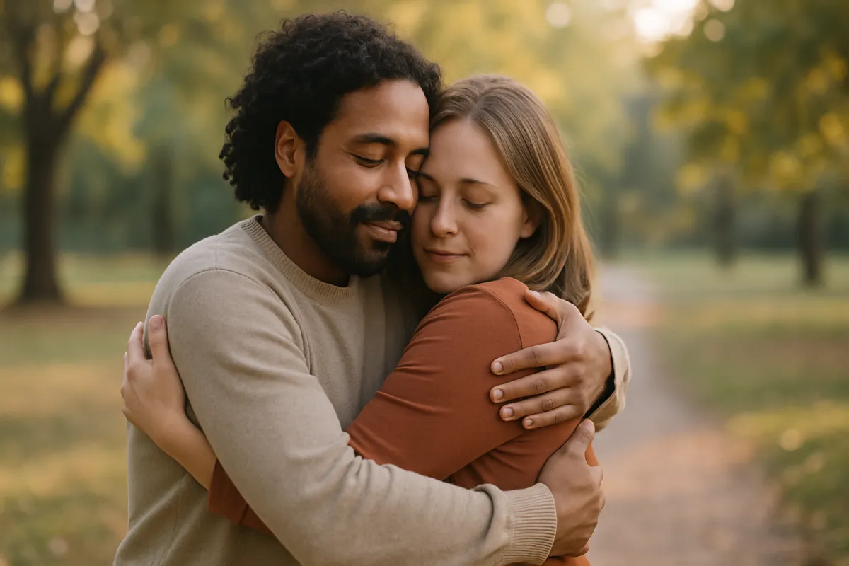 A black man and a white woman hugging as if they recently reconciled.