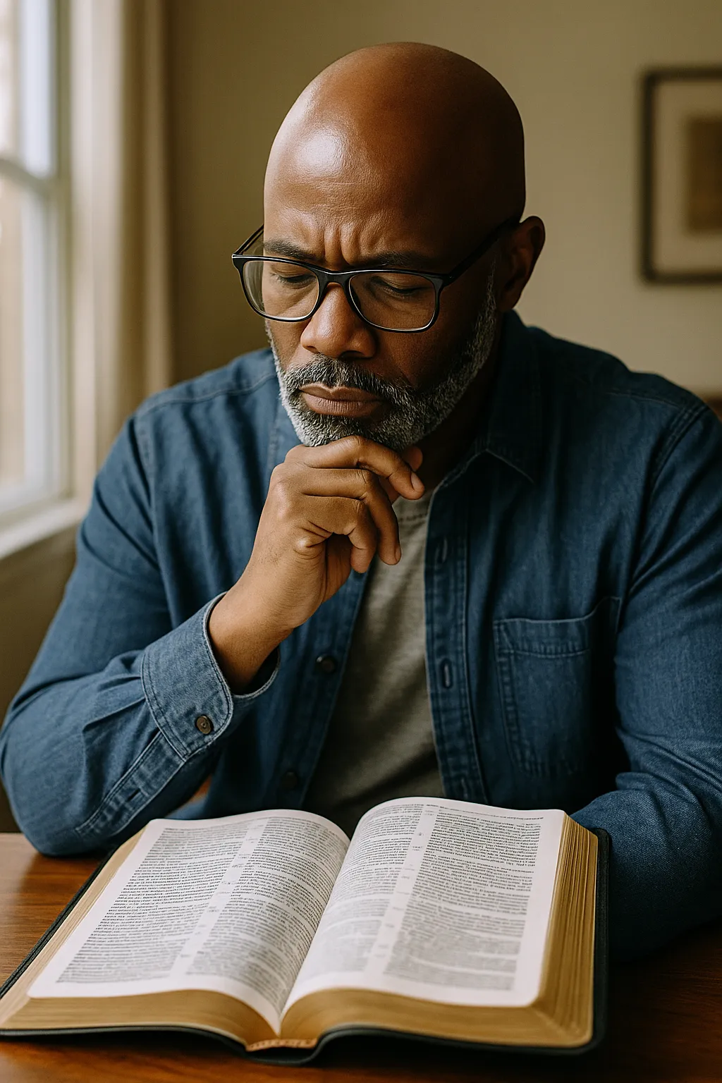 A bald, middle-aged African American man with a neatly trimmed gray beard sits at a wooden table, reading an open Bible. He wears black-rimmed glasses, a gray t-shirt, and a denim button-down shirt. Resting his chin thoughtfully on one hand, he gazes intently at the pages. Soft natural light from a nearby window illuminates his face and the Bible’s text, creating a calm and reflective atmosphere.