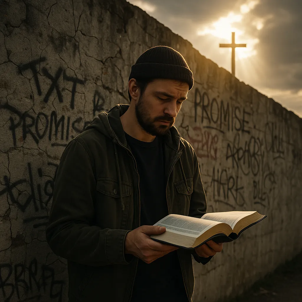 Man standing in front of a cracked graffiti-covered wall holding an open Bible, illuminated by sunlight and a cross in the background—symbolizing God’s faithfulness despite human failure.