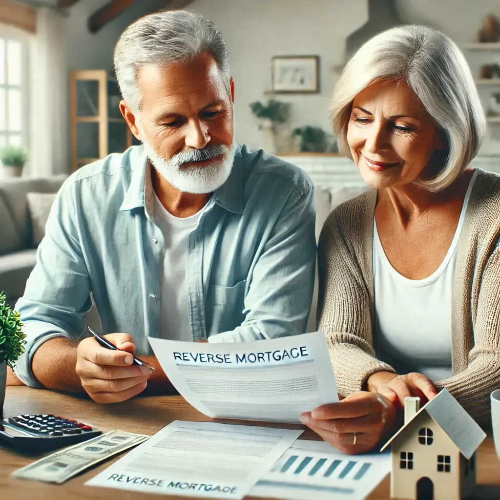 Senior couple discussing reverse mortgage options at home