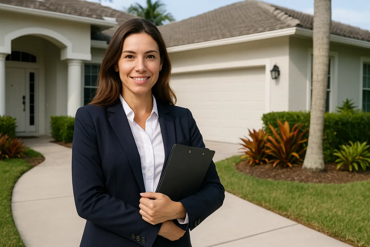 Florida real estate agent meeting with clients outside a home with a “Sold” sign, representing career success and growth in the real estate industry.