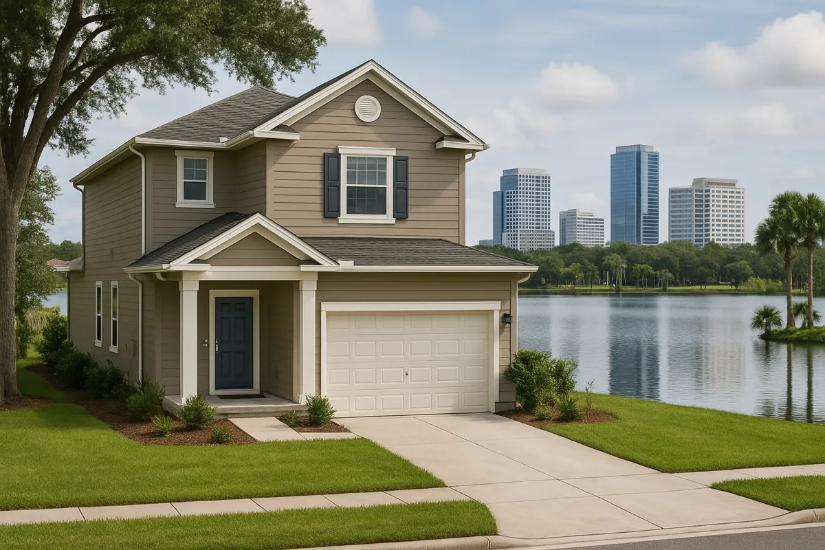 Modern home in Lake Nona with lush landscaping and tree-lined streets, showcasing the vibrant neighborhood and attractive real estate market for sellers.