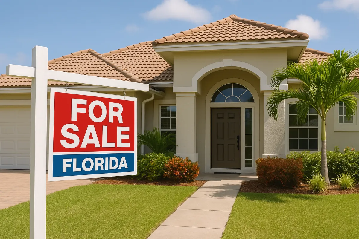 Confident Florida homeowner standing in front of a well-maintained suburban home with a ‘For Sale’ sign in the yard, palm trees in the background, and sunny skies—ready to begin the home selling process.