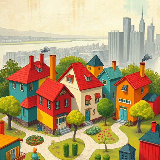 A vivid Bauhaus-inspired illustration capturing modern farmhouse architecture seamlessly integrated into the vibrant urban landscape of New York City. The visual centers on sleek, geometric lines of a contemporary farmhouse with traditional elements like a gabled roof and large windows, rendered in bold, minimal shapes characteristic of Bauhaus design. Surrounding the farmhouse, stylized skyscrapers and cityscape forms—composed of simplified rectangles, circles, and triangles—blend seamlessly, creating an playful juxtaposition between rustic charm and urban chic. Bright, primary hues like deep red, sunny yellow, and crisp blue dominate the palette, conveying energy and optimism, while subtle shades of black, white, and gray provide contrast and balance—evoking a professional yet lively atmosphere. In the foreground, abstracted potted plants with angular leaves and quirky details such as oversized, geometric street lamps add personality and a touch of whimsicality, hinting at farmstead coziness amidst metropolitan activity. The background showcases a stylized city skyline with a few tiny, simplified figures resembling architects or city planners engaged in creative contemplation, their forms minimal yet expressive. The overall mood is a playful, innovative ode to blending rural design sensibilities with urban modernity, achieved through bold shapes, dynamic composition, and a cheerful color scheme that invites curiosity and inspiration, perfect for a blog cover celebrating architectural creativity in New York City.