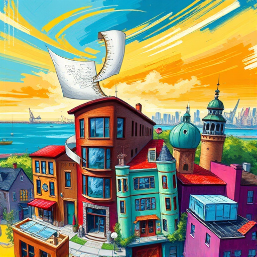 A sleek, sophisticated Art Deco-style illustration capturing the essence of architect firms in Ridgewood, New Jersey. The scene features a stylized cityscape silhouette with iconic Art Deco geometric patterns and elegant lines, showcasing modern office buildings with sharp, tiered façades inspired by 1920s architecture. Intertwined with the skyline are whimsical, oversized blueprint scrolls and vintage drafting tools—rulers, compasses, and stylized pencil outlines—that float playfully around the scene, adding a quirky touch. In the foreground, a streamlined, symmetrical monument symbolizes architectural ingenuity, adorned with metallic accents and intricate motifs reminiscent of Deco ornamentation. The background hints at Ridgewood’s charming suburban vibe through softened, simplified details of quaint houses with peaked roofs and lush trees, blending the urban and suburban elements harmoniously. The mood exudes a classy yet inviting tone, blending professional craftsmanship with a touch of playful artistry, captured through a rich, muted color palette of golds, deep blues, and warm browns, accented with hints of teal and cream to evoke both elegance and liveliness. Subtle patterns in the sky, like stylized clouds with geometric textures, add depth and visual interest, ensuring a timeless yet dynamic cover image that celebrates architectural creativity in Ridgewood. The overall composition balances modern design ethos with vintage charm, making it both inspiring and approachable for a blog audience interested in architecture and community.