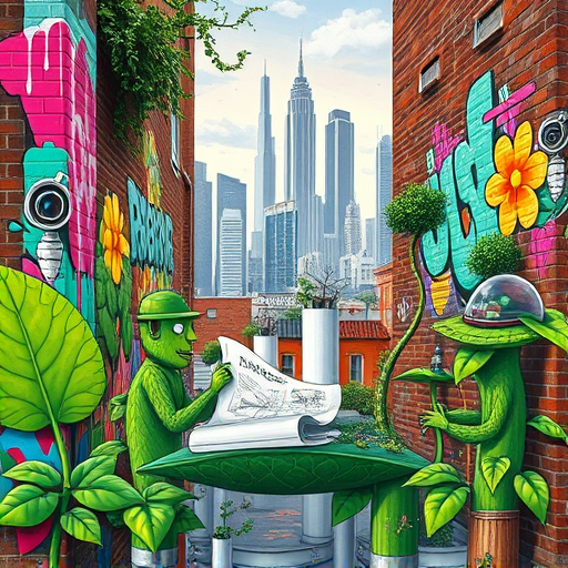 A vibrant and detailed scene depicting eco-friendly architects in Stamford, Connecticut, capturing their innovative spirit. Visualize a lush urban landscape blending nature with modern design: sleek, sustainable buildings with green roofs, solar panels gleaming in the sunlight, and wind turbines subtly integrated into the skyline. In the foreground, a diverse array of handcrafted, miniature architectural models made from recycled materials is displayed on a rustic table, paired with sketches and blueprint scrolls that feature organic shapes and eco-conscious motifs. Tiny potted plants and succulents add life and personality, hinting at a passion for green architecture. A whimsical touch appears in the form of playful, anthropomorphic building mascots with smiling faces, cheerful eyes, and tiny limbs, giving the scene a quirky, approachable charm. The background showcases a vibrant, tree-lined avenue with community gardens and bike lanes, emphasizing sustainable living in a welcoming urban environment. The mood exudes optimism and ingenuity, inspiring viewers with a sense of hope for eco-conscious urban development. The environment combines natural textures—wood, stone, and foliage—with sleek modern elements to create a harmonious, lively setting. The art style, 'SocialRealism,' emphasizes realism with a slightly stylized touch, utilizing warm earth tones juxtaposed with vibrant greens and sunny yellows to evoke a hopeful, eco-friendly atmosphere. Overall, the image radiates a sense of community-driven sustainability, celebrating innovative architecture rooted in environmental responsibility, with playful details that add a unique, cheerful personality.