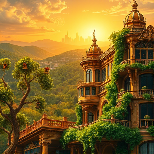 A majestic Baroque-inspired scene depicting an imaginative landscape of green architects near Englewood, New Jersey, where ornate, elaborate structures blend seamlessly with lush, verdant surroundings. Envision intricately detailed buildings dripping with gilded embellishments, swirling patterns, and baroque flourishes, yet constructed from sustainable, eco-friendly materials like glass, bamboo, and recycled metals, emphasizing harmony between innovation and tradition. Vibrant greenery cascades over rooftops and terraces, with delicate vines twisting around ornate columns and balustrades, creating a whimsical fusion of nature and architecture. In the foreground, stylized stylized trees with exaggerated, swirling leaves stretch toward the sky, dotted with tiny, quirky details like miniature wind turbines incorporated into the branches and whimsical birdhouses hanging from twining vines. The background showcases rolling hills cloaked in dense, artistically rendered forests, with the skyline of Englewood faintly visible beyond, rendered in a rich, warm palette of golds, deep emeralds, and burnt sienna, evoking a sense of grandeur and timeless elegance. The overall mood is playful yet sophisticated, celebrating innovative environmental design with a touch of baroque opulence, set against a luminous, softly glowing sunset sky that casts warm highlights over the scene. Decorative motifs inspired by swirling clouds, ornate scrollwork, and shimmering reflections enhance the quirky, fantastical atmosphere, making this cover a captivating tableau where classic Baroque richness meets the vibrant future of green architecture with fanciful flair.