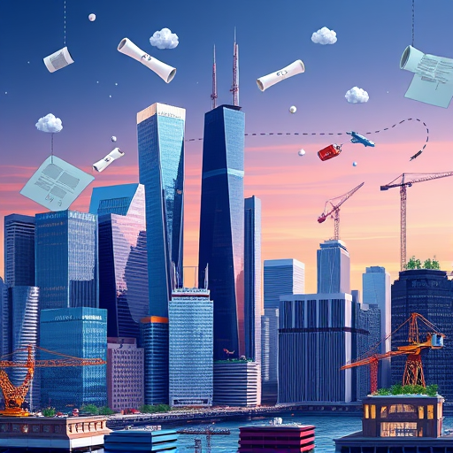A vibrant digital art scene depicting a bustling urban permit office in Passaic, New Jersey, featuring a charming mix of historic brick buildings and modern glass façades nestled along a lively street. The focal point is a whimsical, stylized digital illustration of a diverse group of architects and city officials, represented through abstract, geometric forms and playful silhouettes that evoke creativity and collaboration, with some figures holding oversized, whimsical permit stamps or blueprints that seem to dance in the air. Brightly colored permit documents with quirky illustrations of city landmarks, like the Passaic City Hall and the historic Roberts Building, float casually around the scene, adding a fun, quirky touch. The background showcases a lively street scene—cafés, quirky street lamps, and vintage shop signs—set against a clear sky transitioning from a warm sunset orange to a calming twilight blue, evoking a professional yet inviting atmosphere. City linchpins like a small, stylized statue of a civic mascot or a playful, exaggerated permit office sign with blinking lights provide subtle humor and personality. The scene is layered with textures that mimic digital brush strokes, giving it a dynamic, lively feel, all infused with a warm, approachable color palette—rich oranges, inviting blues, and cheerful yellows—to communicate efficiency, community, and a sense of local pride. Overall, the mood is inviting and slightly whimsical, blending professionalism with playful charm, perfect for a blog cover about architects managing permits in a vibrant New Jersey town.