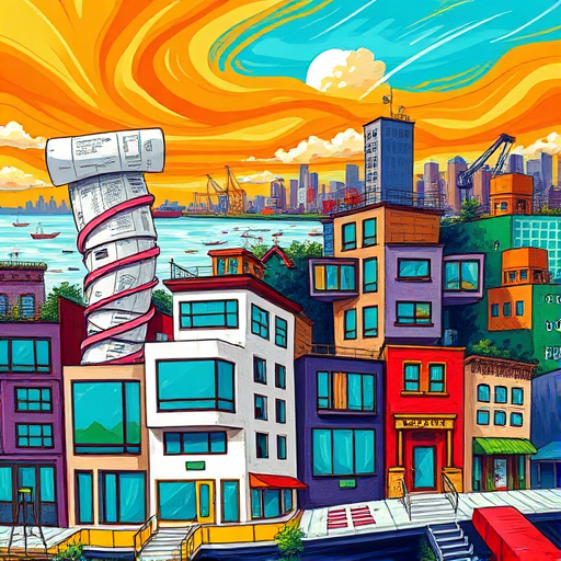 A realistic and vibrant depiction of a bustling architectural scene featuring modern commercial buildings set in Elizabeth, New Jersey. The image showcases sleek glass facades reflecting a lively cityscape beneath a bright, slightly overcast sky, casting soft, diffused light that highlights the textures of the materials. In the foreground, detailed sketches and blueprints of innovative building designs are spread across a wooden table, with a cup of steaming coffee and a pair of stylish glasses resting nearby, hinting at the creative process of architects. Subtle, quirky details include tiny, miniature models of buildings nestled among the plans, with one model perhaps featuring a rooftop garden or a playful, sculptural element that brings personality to the scene—like a miniature dragon or a whimsical tower. The background offers a panoramic view of Elizabeth’s skyline, featuring a mix of historic brick structures and modern high-rises, all set against a city that is alive and growing. The environment exudes a professional yet creative atmosphere, with warm natural tones balanced by cool metallic hues, emphasizing craftsmanship and innovation. The overall mood is inspired and focused, capturing the dedication and vision of architects shaping the city's future. The realism style emphasizes detailed textures, reflections, and accurate architectural elements, making the scene compelling and inspiring without reliance on human figures, perfect for a captivating blog cover that exudes both professionalism and personality.