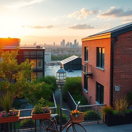 A sleek, photorealistic cityscape of Montclair, New Jersey, showcasing a dynamic blend of modern and historic architecture, with elegant new-build structures nestled among charming vintage homes. The scene features a variety of building facades—some with lush rooftop gardens bursting with colorful flowers, others with intricate brickwork and large windows reflecting a crisp, clear sky. Scattered around the streets are subtle, quirky touches: a whimsical sculpture of a tiny, floating house perched atop a lamppost, and playful banners fluttering from building awnings emblazoned with stylized tools like rulers and paintbrushes, hinting at creative craftsmanship. In the foreground, a detailed blueprint rolled open on a sidewalk table, complete with architectural sketches, pens, and a confident corner of a coffee cup, suggesting ongoing planning and collaboration. Behind, the lush greenery of mature trees and blooming gardens frames the scene, evoking a calm, optimistic mood that embodies fresh beginnings and innovative design. The atmosphere is professional yet inviting, balanced with a touch of charm and personality. The color palette uses warm earth tones contrasted with vibrant greens and pops of pastel hues to reflect both the natural environment and the creative energy of Montclair’s neighborhoods. Overall, this image captures the essence of finding talented architects to craft inspiring, unique residential buildings, blending sophistication with quirky personality in a lively, inviting setting.