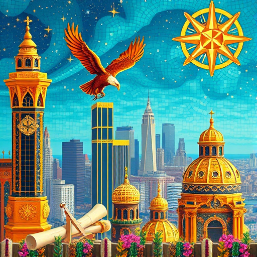 A majestic, panoramic view capturing the elegant skyline of Greenwich, Connecticut, showcasing a collection of top-rated architectural masterpieces nestled along lush, rolling landscapes. The scene is set during the golden hour, with warm, diffuse sunlight illuminating intricate facades—ranging from grand classical mansions with ornate cornices and stately columns to modernist structures featuring sleek glass and steel alchemy. Towering trees with richly textured leaves frame the buildings, their whimsical shadows dancing across manicured lawns dotted with eccentric sculptures—perhaps a playful dragon motif coiled around a stately pillar or a quirky sundial shaped like a giant oyster. The sky is a luminous canvas of softly blended pastel hues, suggesting a calm yet inspiring atmosphere. Subtle details lend personality: a tiny, mischievous squirrel peeking from a treetop, or a vintage bicycle leaning casually against a wrought-iron fence, hinting at local charm. The environment hints at Greenwich’s affluent yet intimate community, with well-kept gardens and cozy gazebos nestled amidst the architecture. Rendered in a High Renaissance style, the scene exhibits masterful realism with dramatic chiaroscuro, emphasizing depth and ornate detail; the color palette leans toward warm ochres, rich browns, and subtle hints of emerald green, evoking both tradition and sophistication. Overall, the image exudes a tone of refined elegance tinged with a playful reverence for craftsmanship—perfect for a blog cover celebrating the artistry and prestige of Greenwich’s architectural landscape.