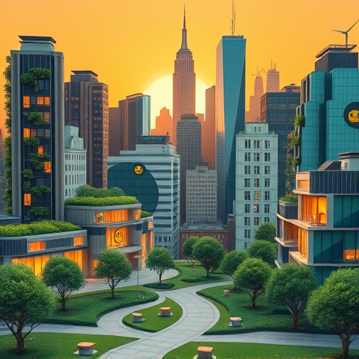 A sleek, panoramic view of the downtown Paterson skyline at sunset, showcasing a mix of historic brick buildings, modern glass structures, and innovative architectural designs that symbolize the city's rich heritage and contemporary evolution. In the foreground, a whimsical, oversized blueprint rolled across the scene, revealing intricate sketches of iconic local landmarks such as the Passaic River bridges and the Great Falls, with playful annotations and tiny dotted lines indicating construction pathways. Nearby, a set of miniature, detailed model buildings—ranging from vintage factory facades to eco-friendly skyscrapers—are carefully arranged on a wooden worktable, hinting at the creative planning process. Subtle construction tools like a vintage compass, measuring tape, and a well-used pencil add a touch of authenticity and craftsmanship. The background features city streets bustling with stylized, glossy cars and pedestrians, while the sky glows with warm amber and soft pink hues that evoke a calm yet energized atmosphere. Quaint details, such as a small squirrel peeking from behind a building or a drone hovering above, inject a quirky personality that makes the scene inviting and lively. The entire composition employs photorealism, with crisp textures on buildings, reflective surfaces, and natural lighting effects that highlight the complex interplay of shadows and highlights. The color palette leans into earthy tones with warm sunset shades, complemented by the cool blues and grays of the cityscape, creating a balanced mood of innovation grounded in history. This scene perfectly encapsulates the essence of licensed architects shaping Paterson’s skyline, blending professionalism with a playful appreciation for the city’s character and architectural resilience.