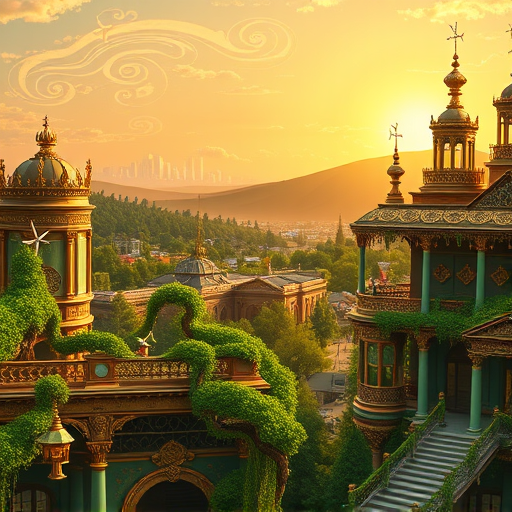A vibrant digital art depiction of a stylized urban skyline in Englewood, New Jersey, highlighting the innovative architecture of local companies. The scene features a whimsical montage of modern buildings with playful twists—such as facades shaped like geometric puzzles, twisting glass skyscrapers that resemble spirals, and quirky rooftop gardens bursting with oversized, colorful plants. Some structures incorporate elements reminiscent of famous architectural styles but infused with a quirky, contemporary vibe—like a leaning tower with exaggerated curves or a blocky, pixelated tower that hints at digital design influences. The background showcases a sunny sky blending soft pastels—warm pinks, oranges, and light blues—casting a calm yet lively mood. Behind the buildings, a lush Greenway park with playful sculptures, winding pathways, and tiny whimsical bridges adds a relaxed, inviting atmosphere. Tiny details like abstract street lamps shaped like lightbulbs, floating digital icons integrated into building walls, and small drone-like decorations hovering in the air give the scene a fun, futuristic twist. The overall composition has a vibrant, lively energy, emphasizing innovation and creativity, while maintaining a professional yet approachable tone. Rendered in a bold, clean digital art style with a vivid color palette—turquoise, coral, mustard yellow, and shades of gray and white—this engaging visual captures the essence of cutting-edge architecture firms in Englewood with a playful, imaginative flair perfect for a compelling blog cover.