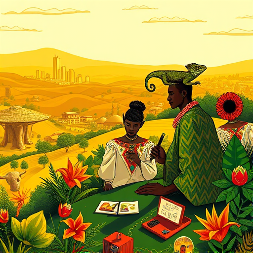 A vibrant and intricate scene showcasing a group of modern green architects perched atop a lush, rolling hillside near Paramus, New Jersey, engaged in an animated discussion about eco-friendly design. The architects, depicted with stylized traditional African motifs— adornments like beaded necklaces, patterned robes, and headdresses— blend seamlessly into a natural environment filled with exotic flora, including towering baobab trees, colorful tropical flowers, and winding vines. Their tools and sketches are decorated with folkloric patterns, adding playful personality. In the background, a sprawling sustainable community illustrates innovative eco-homes with thatched roofs, solar panels in geometric patterns, and natural materials, set against the gentle hills and a distant cityscape under a golden, warm-toned sky evoking calm and optimism. The entire scene is rendered in a ‘TraditionalAfricanArt’ style, emphasizing bold lines, intricate textile-like patterns, and a rich color palette of earth reds, deep greens, vibrant yellows, and sky blues, evoking a sense of harmony between nature and modern ingenuity. Quirky details include a curious chameleon resting on a tree branch, patterned birds perched on the architects’ shoulders, and a playful scene of tiny miniature models of eco-buildings with whimsical, tribal-inspired embellishments, adding a lively and unique touch to the scene, making it both inspiring and full of cultural richness without the need for human figures.