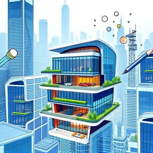 A striking contemporary architectural scene set in Elizabeth, New Jersey, showcasing a bold, innovative building that blends sleek glass facades with dynamic geometric shapes, reflecting the city's evolving skyline. Surrounding the main structure, smaller modular constructions with playful, asymmetrical forms add a sense of creativity and modernity, while lush greenery, urban trees, and landscaped pathways weave seamlessly into the design, emphasizing harmony between nature and urban life. In the foreground, subtle hints of construction elements—scaffolding, blueprint rolls, and a quirky, oversized measuring tape—introduce a sense of ongoing development and craftsmanship, adding personality and a touch of humor. The background features the distant silhouette of Elizabeth’s industrial skyline, with factories and smokestacks softened by a golden sunset, casting warm, inviting tones across the scene that evoke a professional yet lively mood. The sky boasts a gradient of dusky pinks and deep blues, creating a calm, inspiring atmosphere perfect for a blog cover that celebrates innovation and community. Rendered in a hyper-realistic style, this image balances precise architectural details with a subtle touch of whimsy, achieved through lively reflections on glass surfaces and the playful juxtaposition of modern forms against the historic industrial backdrop, all in a color palette of cool blues, warm ochres, and emerald greens to evoke both sophistication and vitality.