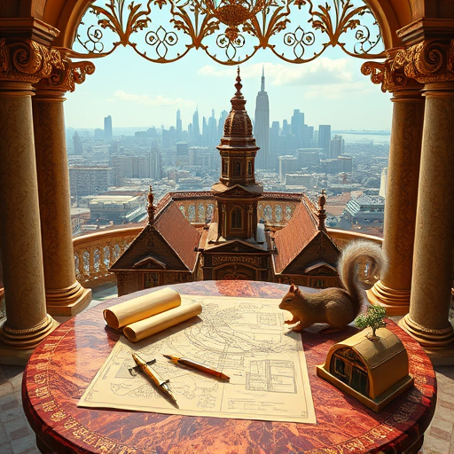 A vibrant and whimsical illustration centered around a construction dumpster rental, rendered in the Arts and Crafts Movement style. The scene features a sturdy, rustic wooden dumpster painted in warm, earthy tones of burnt orange, deep browns, and soft ochre, with intricate geometric patterns and stylized floral motifs embellishing its surface, giving it a handcrafted feel. Surrounding the dumpster are lush green plants with curling leaves and blooming flowers, subtly integrating natural elements that contrast and complement the industrial object. The environment is a charming construction site set amidst a quaint, picturesque neighborhood; charming wooden scaffolding decorated with hand-painted banners and garlands adds a playful touch. Scattered nearby are tools—hammer, wrench, and measuring tape—also stylized with decorative patterns, hinting at the craftsmanship behind the work. A slightly tilted, oversized wooden sign hangs on one side of the dumpster, painted with a decorative border and a small cartoonish bird perched atop, adding quirkiness. Quirky details include tiny dancing nuts and bolts forming a musical band on the ground, while a friendly, placid squirrel hides behind a pile of colorful lumber, peering curiously. The background features a softly painted sky in pastel hues of pinks, purples, and light blues, with whimsical clouds shaped like gears and cogs, evoking both industry and artistry. The overall mood exudes a calm, charming authenticity—an inviting, handcrafted feel that celebrates both construction and artistry—bright, warm, and whimsically detailed to engage viewers without overwhelming them.