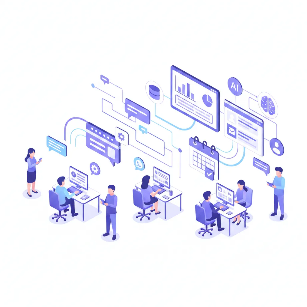 رسم بياني يوضح تدفق العمل الآلي عبر واتساب في بيئة مؤسسية، يشمل ربط المحادثات بنظام إدارة علاقات العملاء (CRM) وجدولة المواعيد تلقائياً."