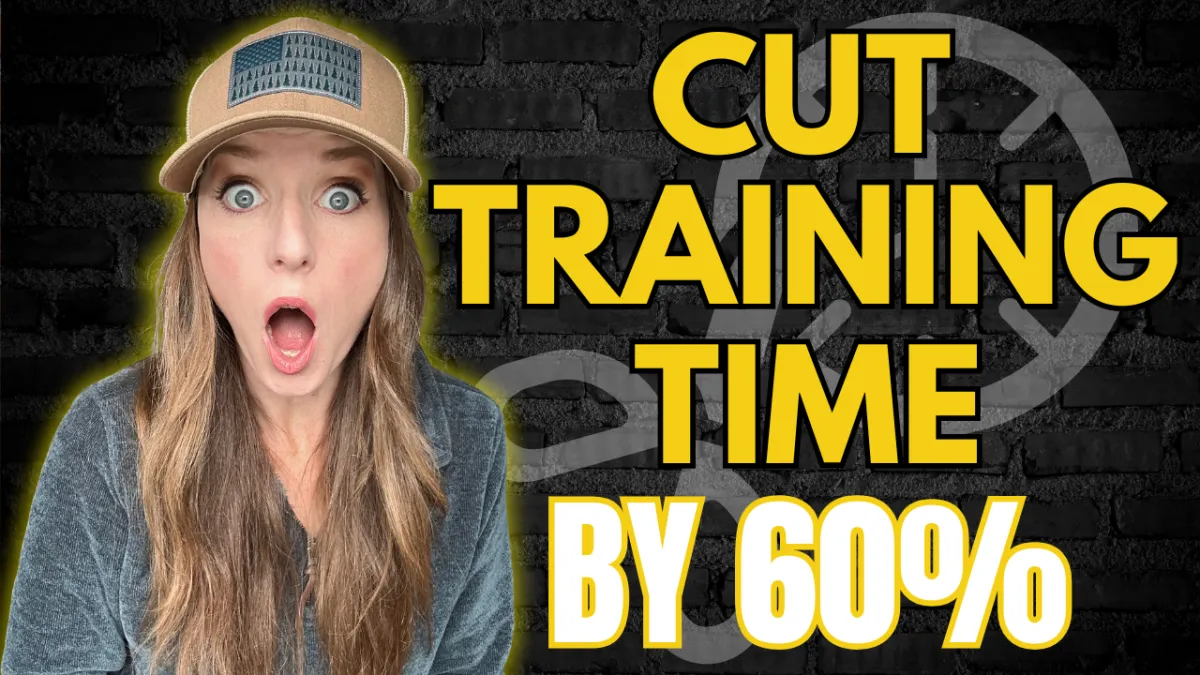 Surprised woman wearing a tan hat with long hair against a dark brick background, with bold yellow text that reads ‘Cut Training Time by 60%.