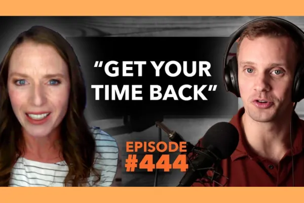 Podcast episode graphic featuring Liz Chism and host Logan Shinholser. The text on the image reads “Get Your Time Back” and “Episode #444.” Both are speaking into microphones against a dark background with an orange border.