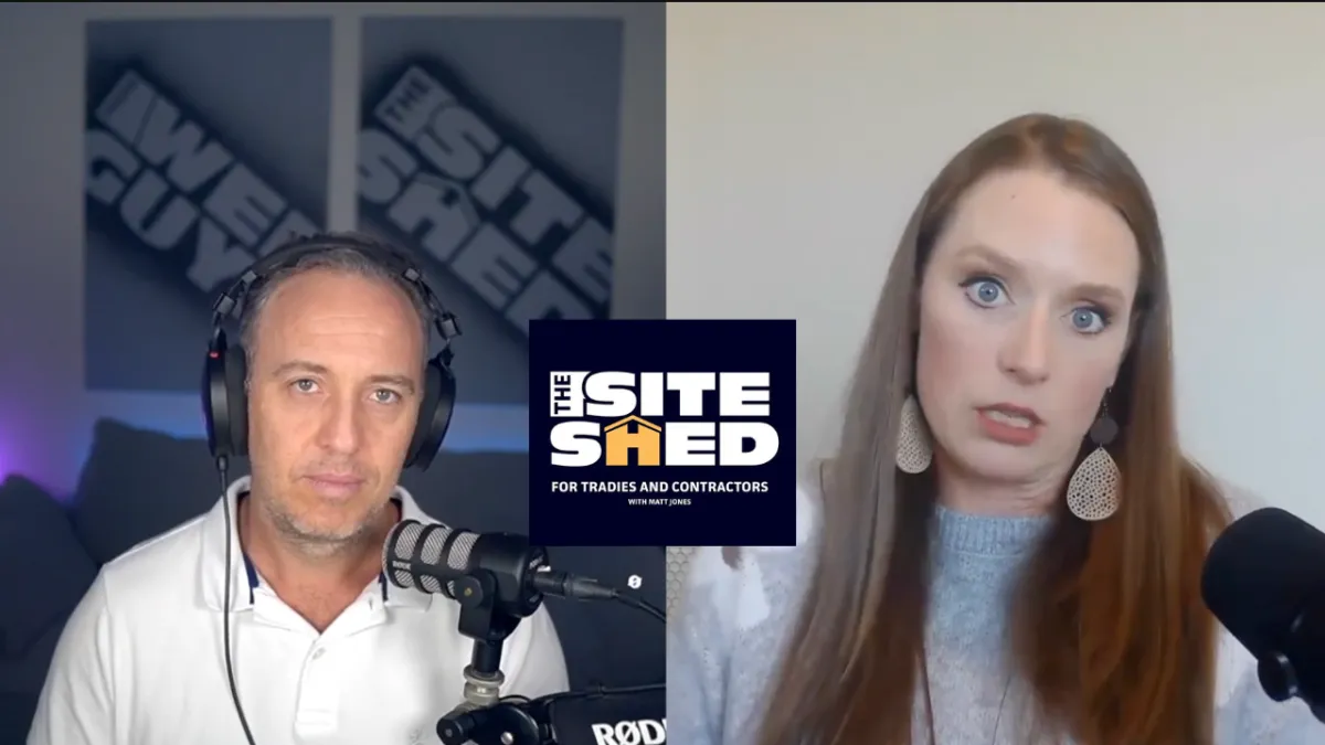 Liz Chism speaking as a guest on The Site Shed Podcast alongside host Matt Jones, discussing systems and scaling for contractors.
