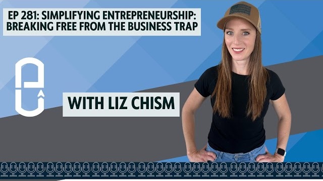 Podcast episode cover featuring Liz Chism standing confidently with hands on hips, wearing a black shirt and hat, with the headline “EP 281: Simplifying Entrepreneurship: Breaking Free From the Business Trap” and the text “With Liz Chism” on a blue geometric background with microphone icons along the bottom.