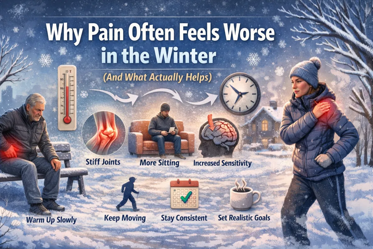Winter pain infographic showing adults experiencing stiffness and joint discomfort in cold weather, explaining why pain often feels worse in winter and how gentle movement helps, created for Restore Physical Therapy in Rochester Hills, Michigan.
