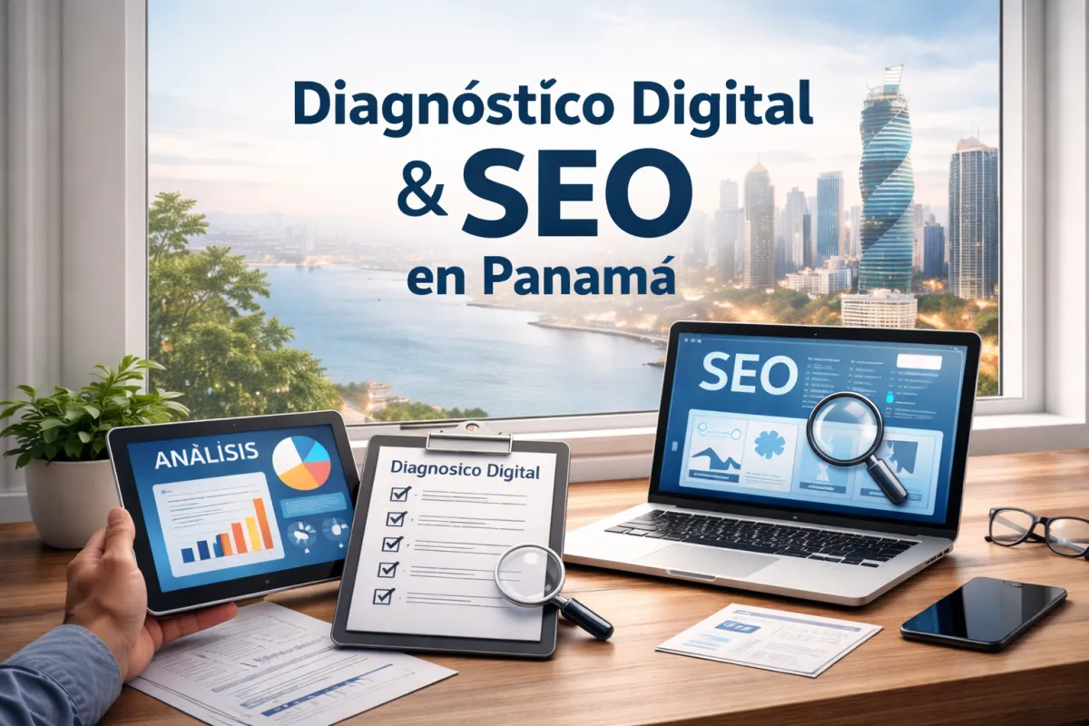 Imagen conceptual de Diagnóstico Digital para mejorar el posicionamiento SEO en Panamá con análisis web y gráficos de crecimiento digital.