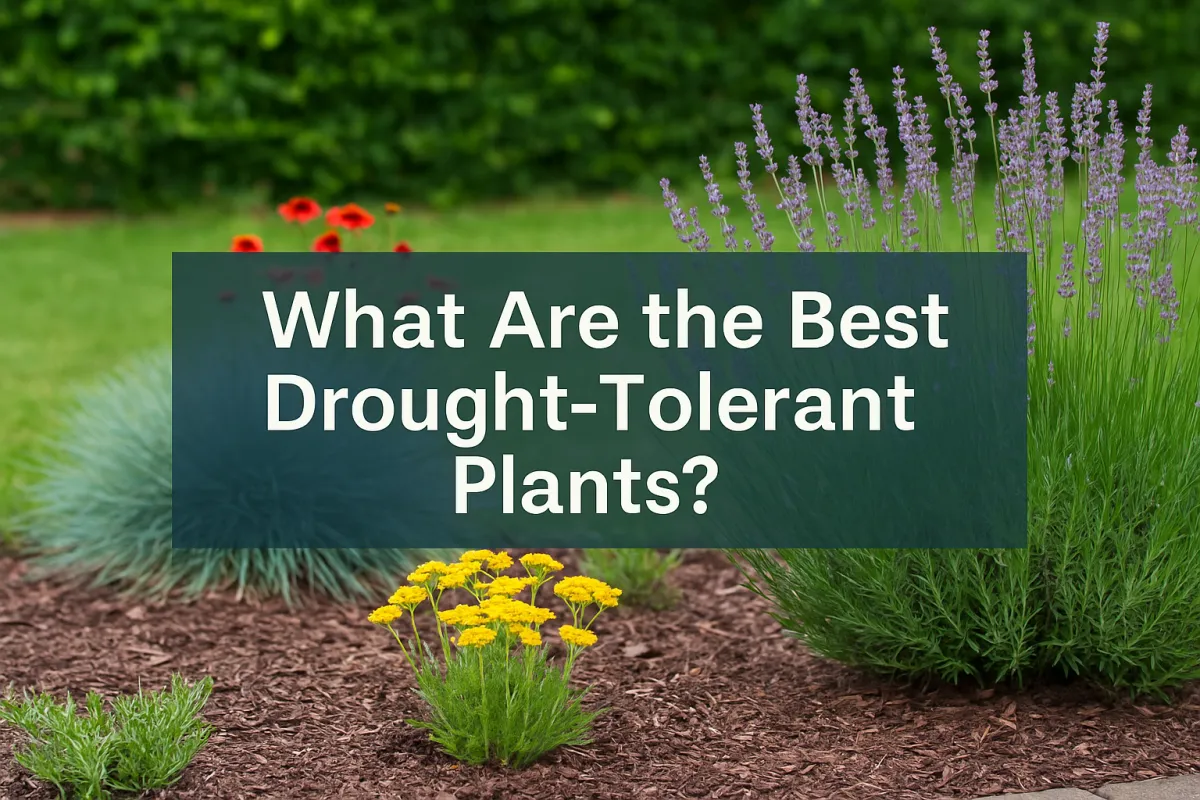 A landscaped garden featuring drought-tolerant plants such as lavender, blue fescue, and yellow yarrow with mulch ground cover. Overlaid text reads, "What Are the Best Drought-Tolerant Plants?"
