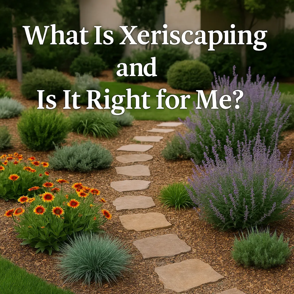 A well-landscaped xeriscape garden with Russian sage, blanket flower, and ornamental grasses surrounding a curved stone path, with the text "What Is Xeriscaping and Is It Right for Me?" overlaid in white.