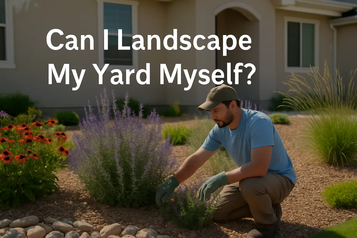 A man kneels in a xeriscaped front yard while tending to Russian sage plants, with the text "Can I Landscape My Yard Myself?" overlaid in bold white letters.