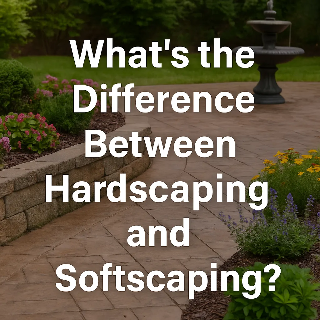 A high-resolution digital photograph overlaid with the title 'What’s the Difference Between Hardscaping and Softscaping?' shows a beautifully designed backyard featuring a blend of hardscape and softscape elements, including a paved patio, garden beds, and manicured plants.
