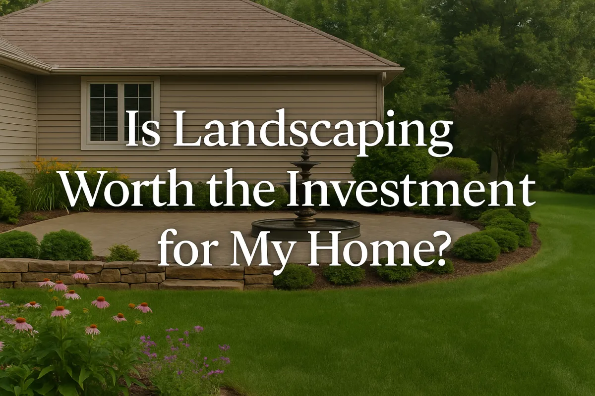 A well-maintained suburban front yard with green grass, shrubs, and a paved walkway leading to a modern home, illustrating the value of professional landscaping.