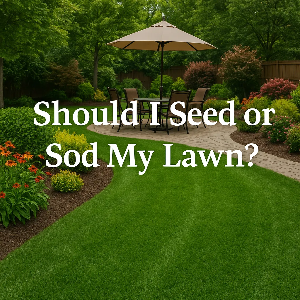Lush backyard with a vibrant green lawn, colorful flower beds, a stone path, and a patio dining set under an umbrella, overlaid with the text 'Should I Seed or Sod My Lawn?