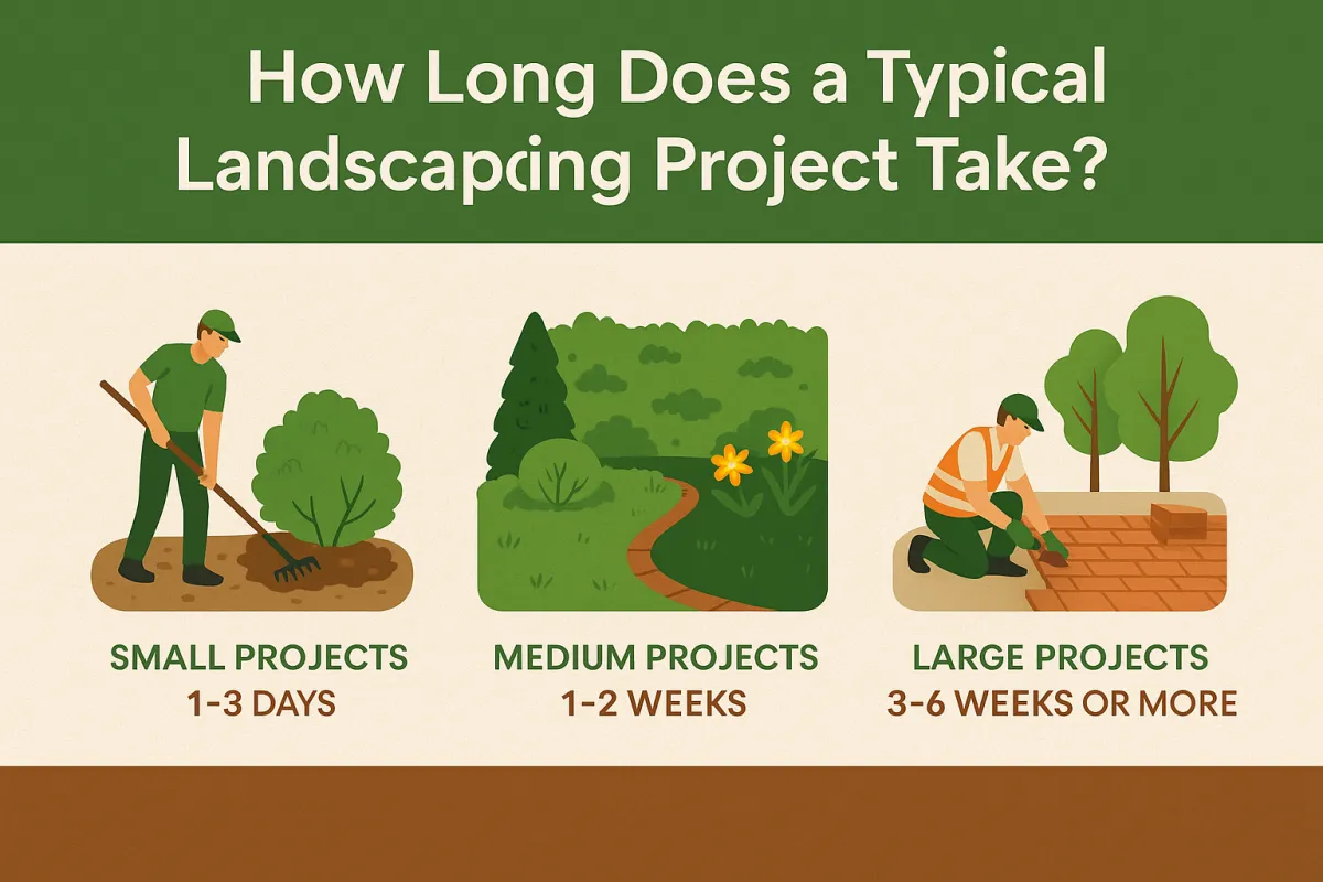 A graphic infographic asks, "How Long Does a Typical Landscaping Project Take?" and features a visual timeline from planning to final walk-through with icons representing each phase such as consultation, design, site prep, installation, and finishing touches. The design is clean and modern, ideal for a blog post header image.