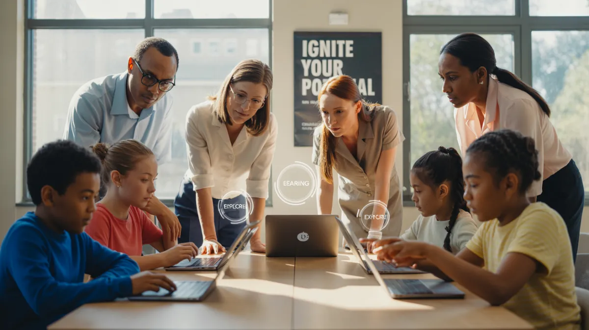 A diverse group of teachers in a modern classroom guiding students who are using laptops and tablets, with holographic AI icons and digital data overlays floating above the devices, bright natural lighting, futuristic but realistic photo style, professional and inspiring atmosphere