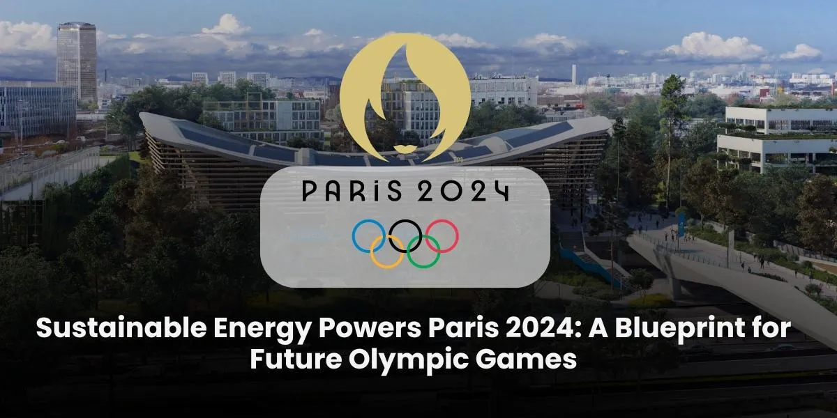 A vibrant aerial shot of the Paris 2024 Olympic stadium at sunset, surrounded by solar panels and wind turbines. Electric buses transporting spectators can be seen on eco-friendly roads. Sustainable banners and Zero Waste bins are displayed prominently. The scene captures the commitment to sustainability and renewable energy.