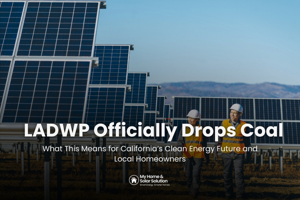 LADWP renewable energy transition featuring solar panels, clean power lines, and the Los Angeles skyline