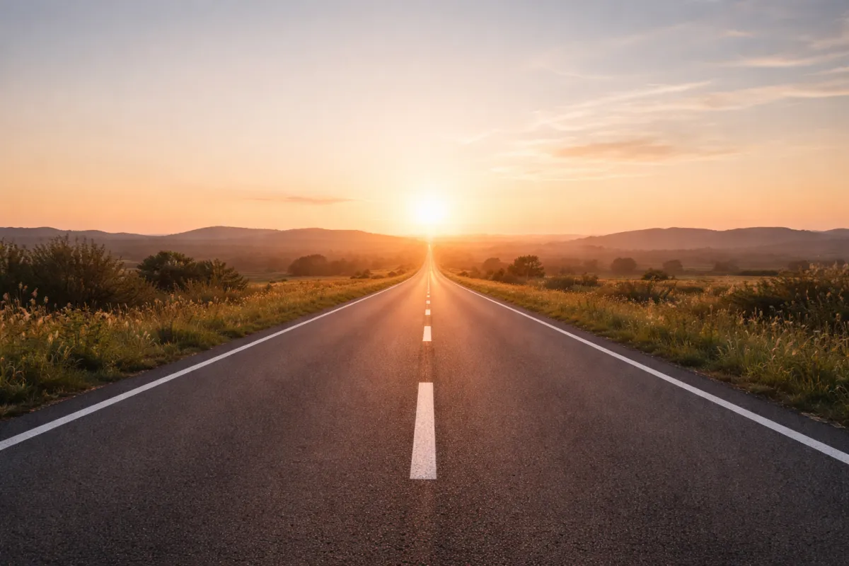 Long straight road stretching toward the horizon, symbolizing long-term direction and sustainability.