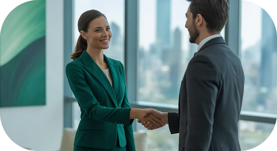 A smiling professional woman in a dark green blazer is shaking hands with a man in a dark suit. They are standing in a modern office with large floor-to-ceiling windows that provide a panoramic view of a city skyline. The woman has her hair tied back, and the scene conveys a sense of a successful business agreement or greeting.