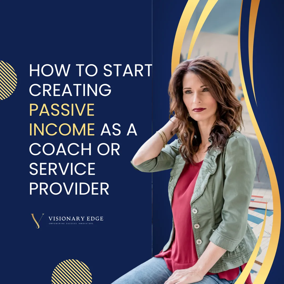 Shannon from Visionary Edge sitting confidently with charts in the background, representing passive income strategies for coaches and service providers