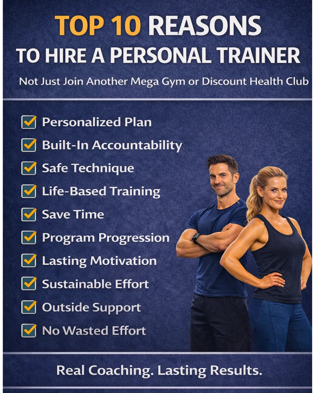 Infographic showing the top 10 reasons to hire a personal trainer in Visalia instead of joining a big box or discount gym