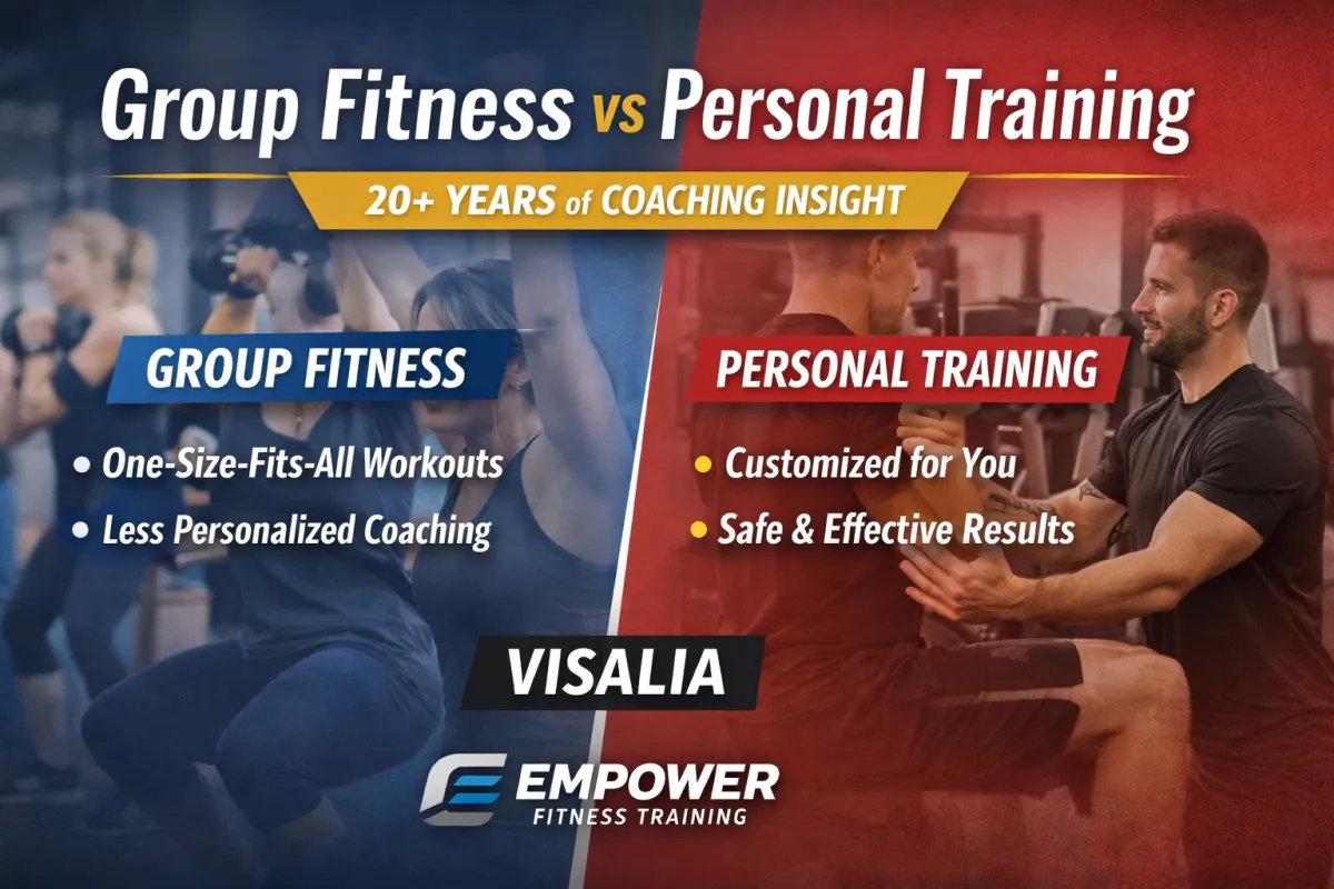 Group fitness versus personal training infographic created by a Visalia personal trainer with 20+ years of experience