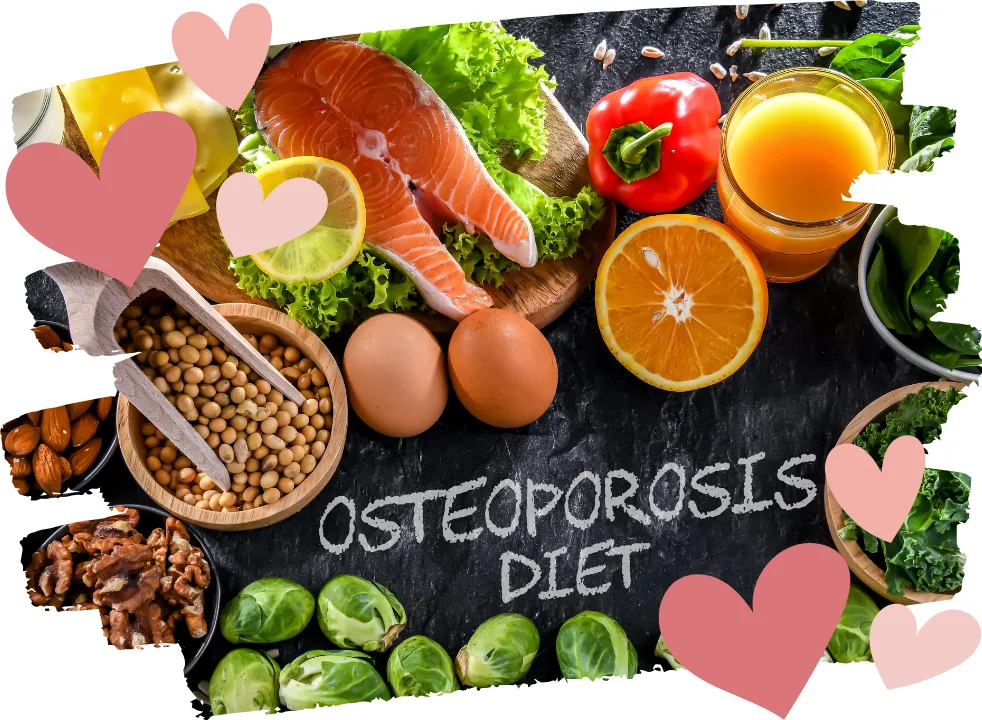 A colorful assortment of bone-strengthening foods, including leafy greens, nuts, seeds, fatty fish, and dairy, rich in calcium, magnesium, and vitamin D to support strong bones during perimenopause.