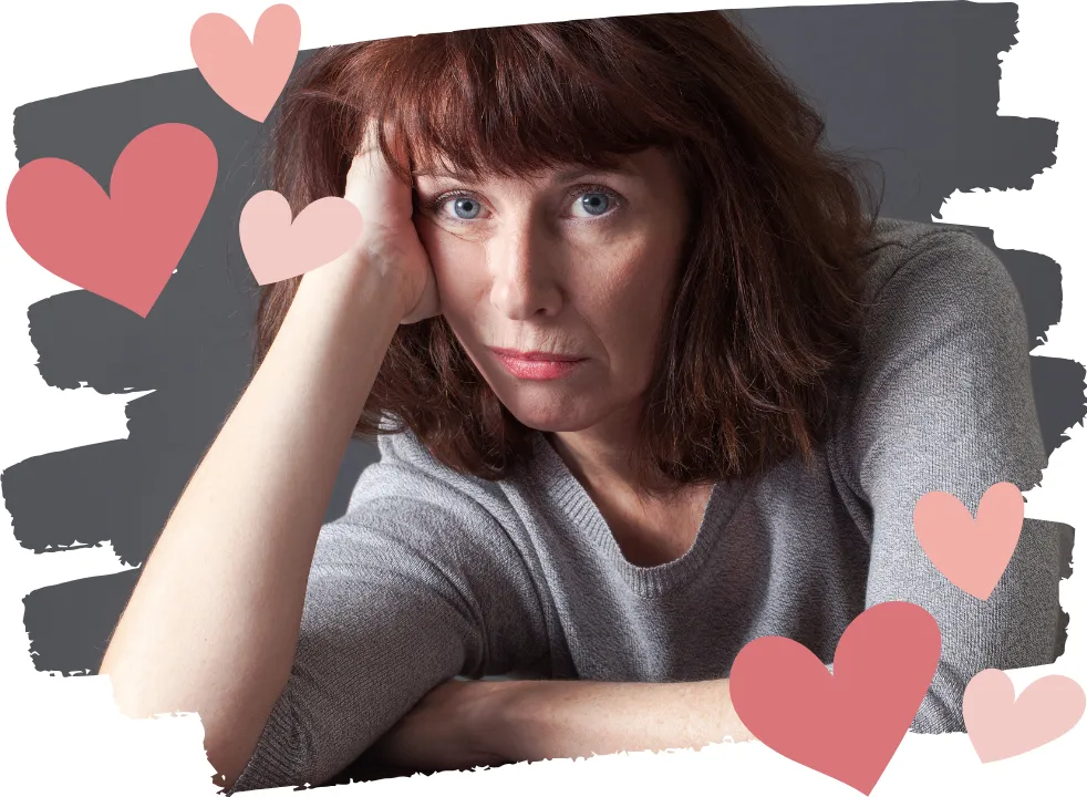 Perimenopausal woman experiencing mood swings and depression, gazing at the camera with a tired expression.