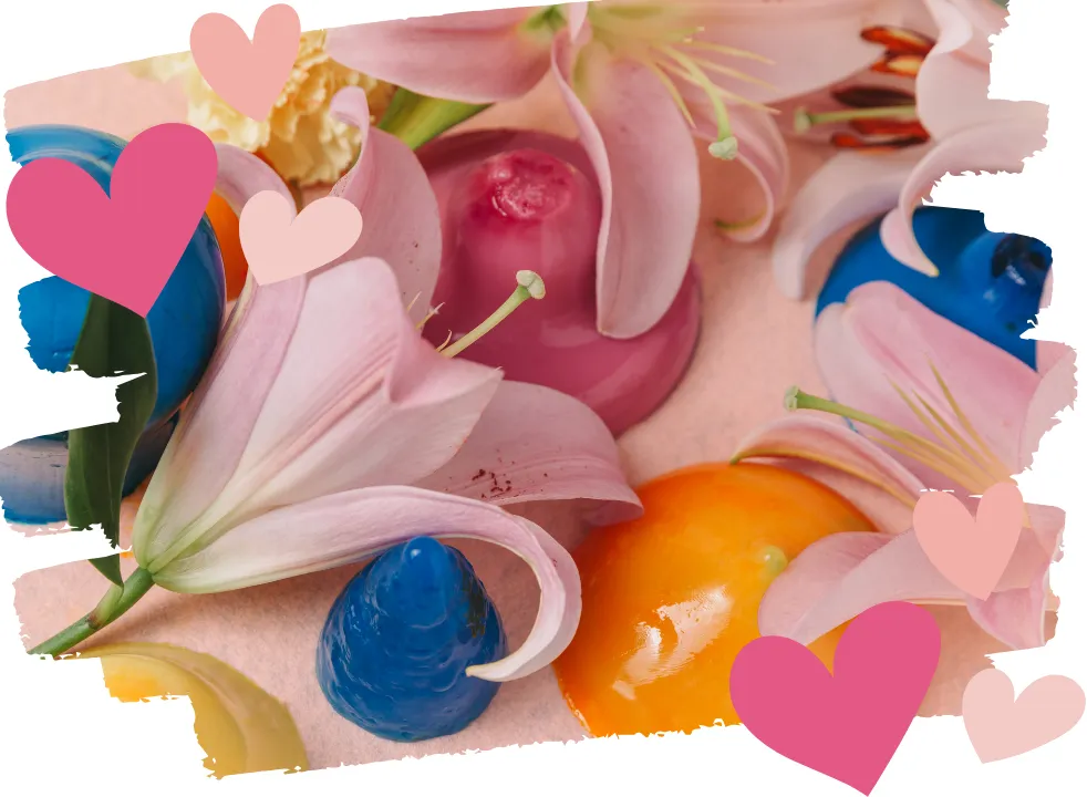 A symbolic image of jellies in different sizes alongside calla lilies, representing female sexual health, libido, and intimacy during perimenopause.