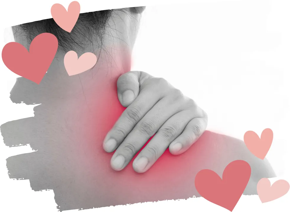 Back view of woman touching her tense shoulder with a pink glow showing discomfort, symbolizing perimenopause aches, shoulder stiffness, and hormonal joint pain.