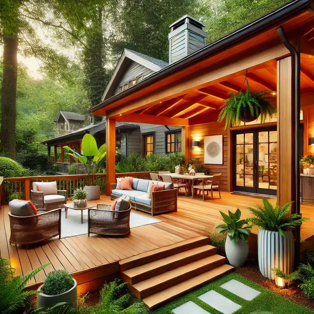 A beautifully custom-built wooden deck attached to a modern house in Atlanta, featuring stylish outdoor furniture, potted plants, and soft lighting. The lush greenery surrounding the deck enhances the serene atmosphere.