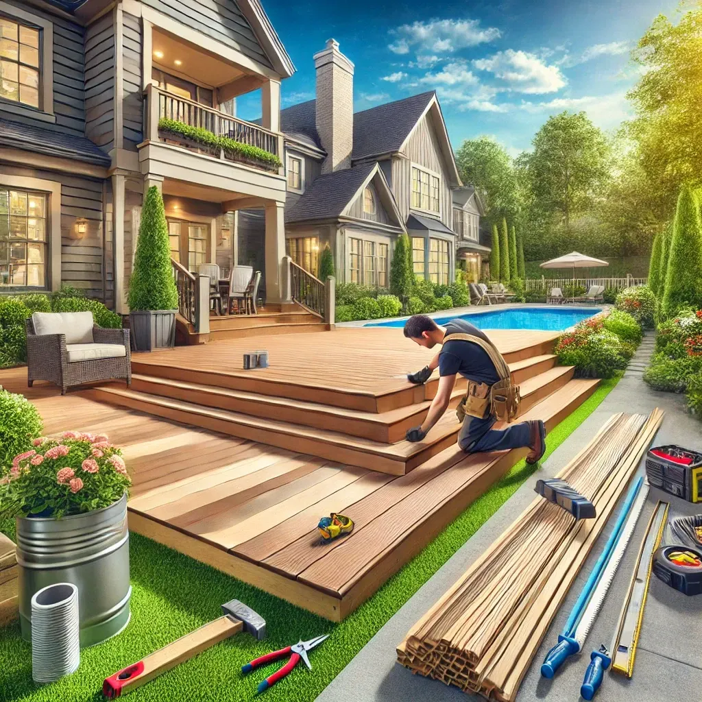 A professional deck builder in Atlanta installing a custom composite deck in a suburban backyard, surrounded by tools, materials, and a modern home with lush greenery under a clear blue sky.